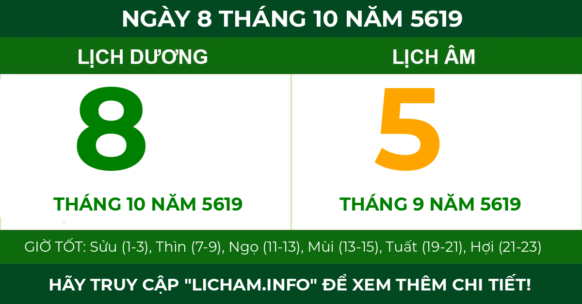 lịch âm ngày 8 tháng 10 năm 5619