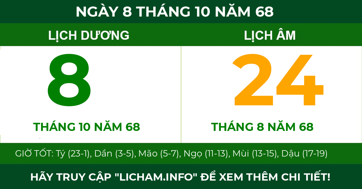 lịch âm ngày 8 tháng 10 năm 68