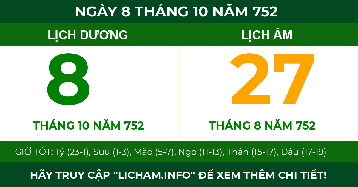 lịch âm ngày 8 tháng 10 năm 752