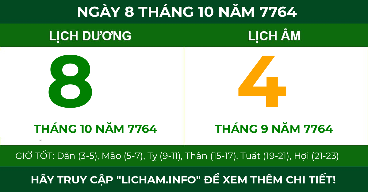 lịch âm ngày 8 tháng 10 năm 7764