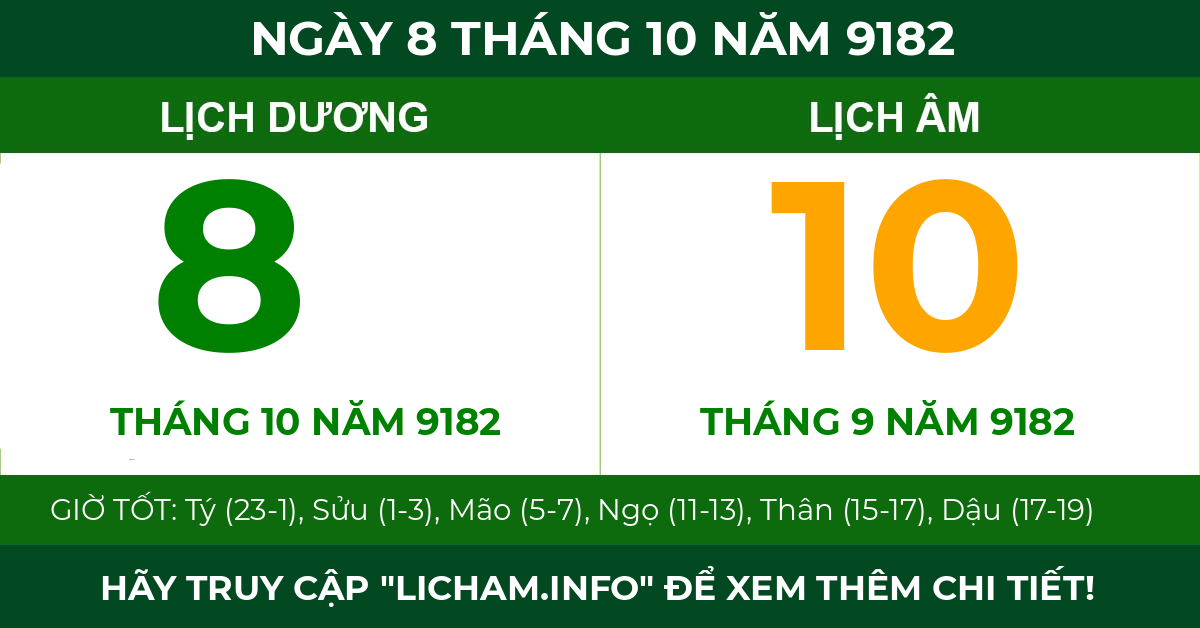 lịch âm ngày 8 tháng 10 năm 9182