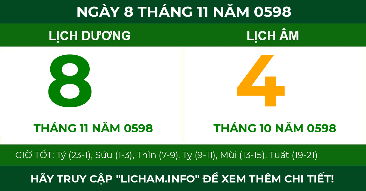 lịch âm ngày 8 tháng 11 năm 0598