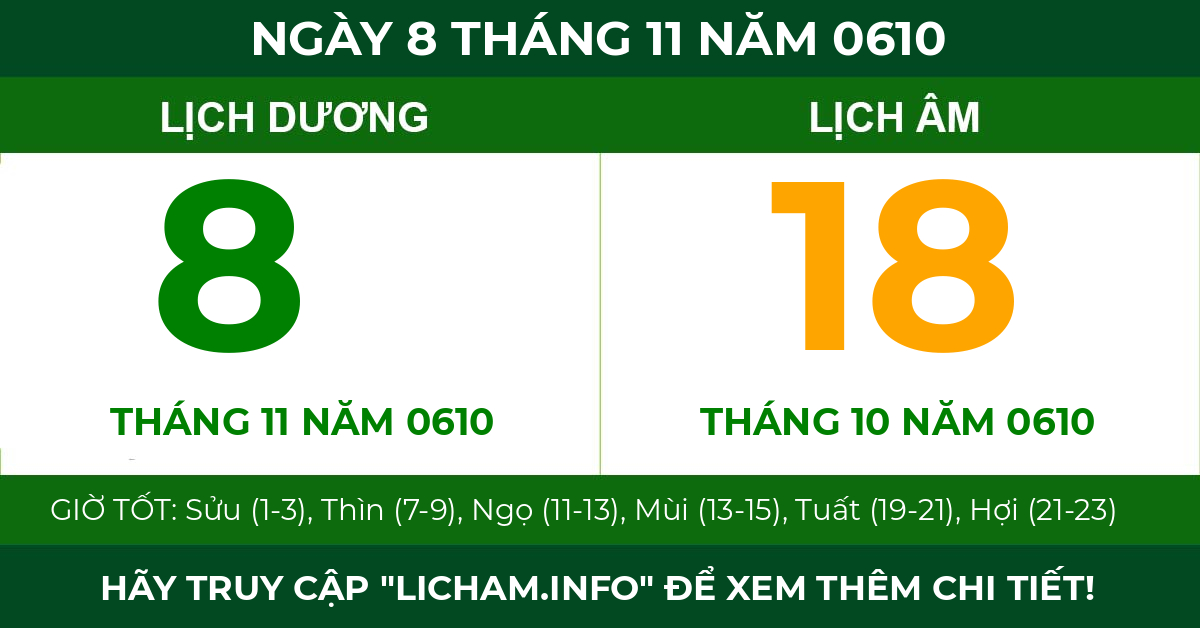 lịch âm ngày 8 tháng 11 năm 0610