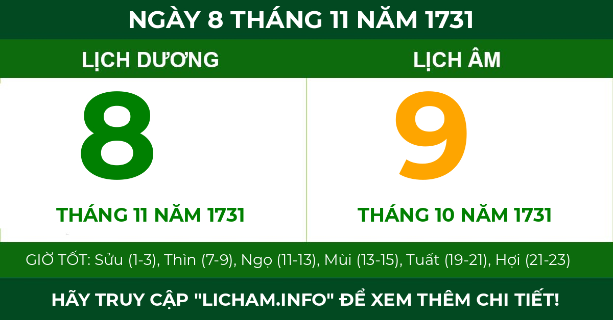 lịch âm ngày 8 tháng 11 năm 1731