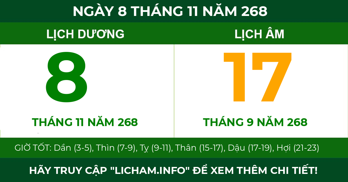 lịch âm ngày 8 tháng 11 năm 268