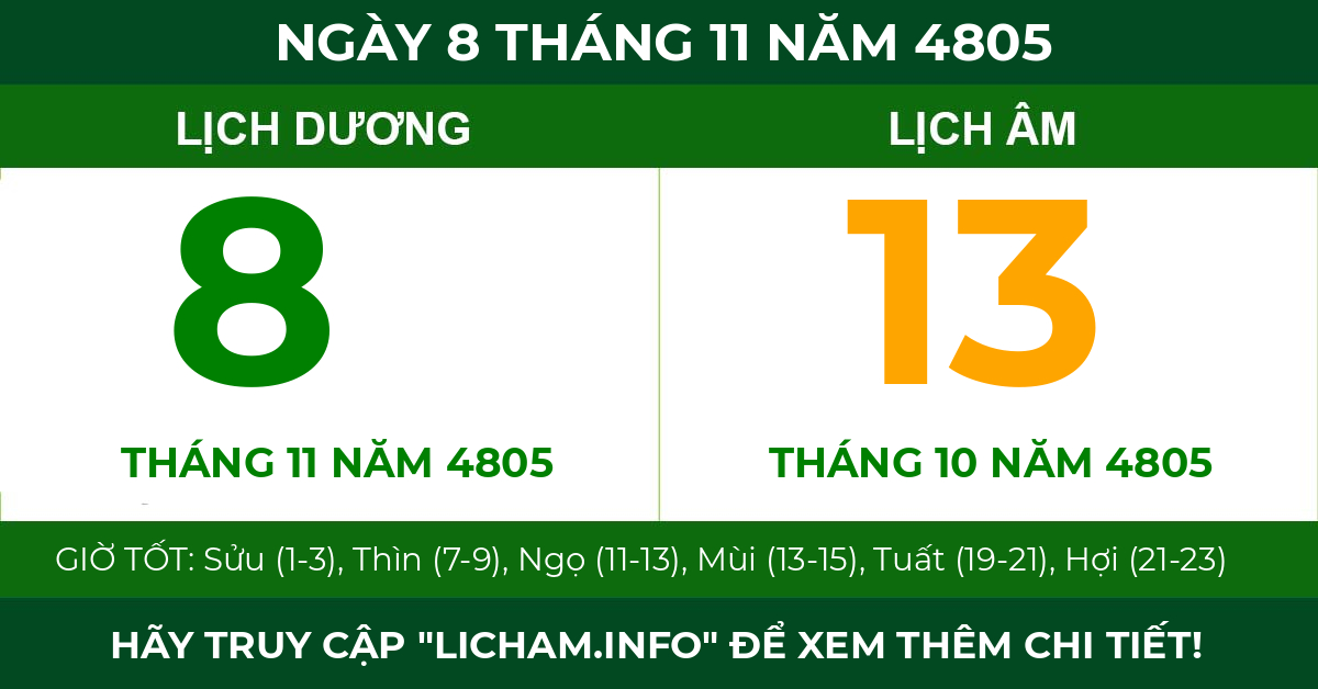 lịch âm ngày 8 tháng 11 năm 4805