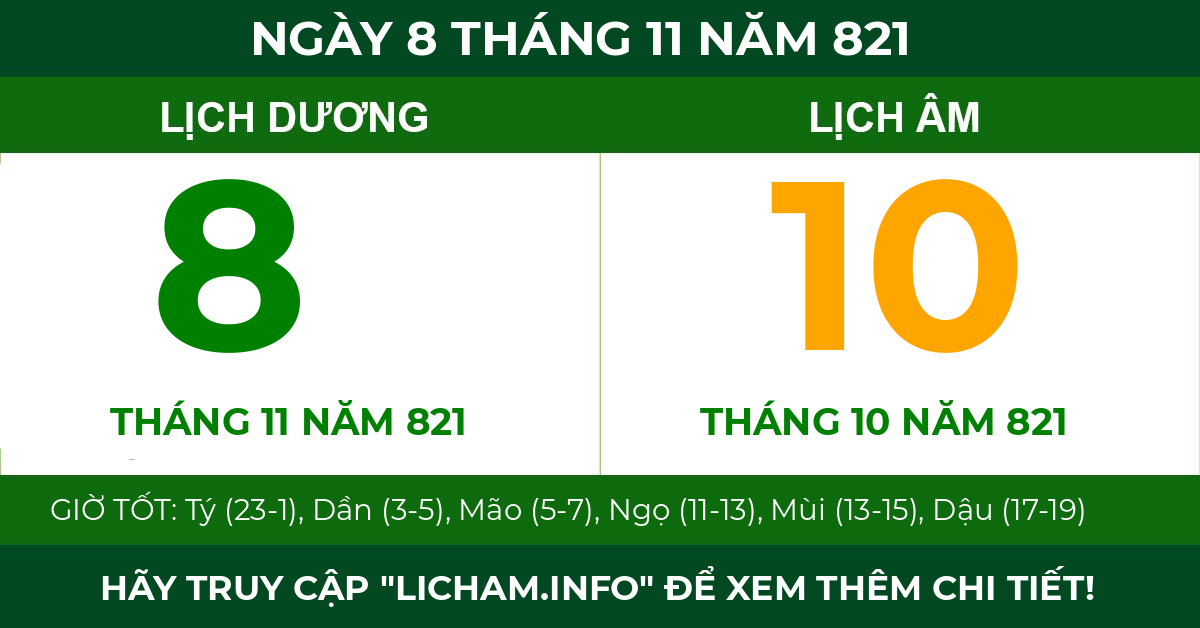 lịch âm ngày 8 tháng 11 năm 821