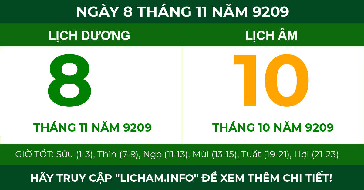lịch âm ngày 8 tháng 11 năm 9209