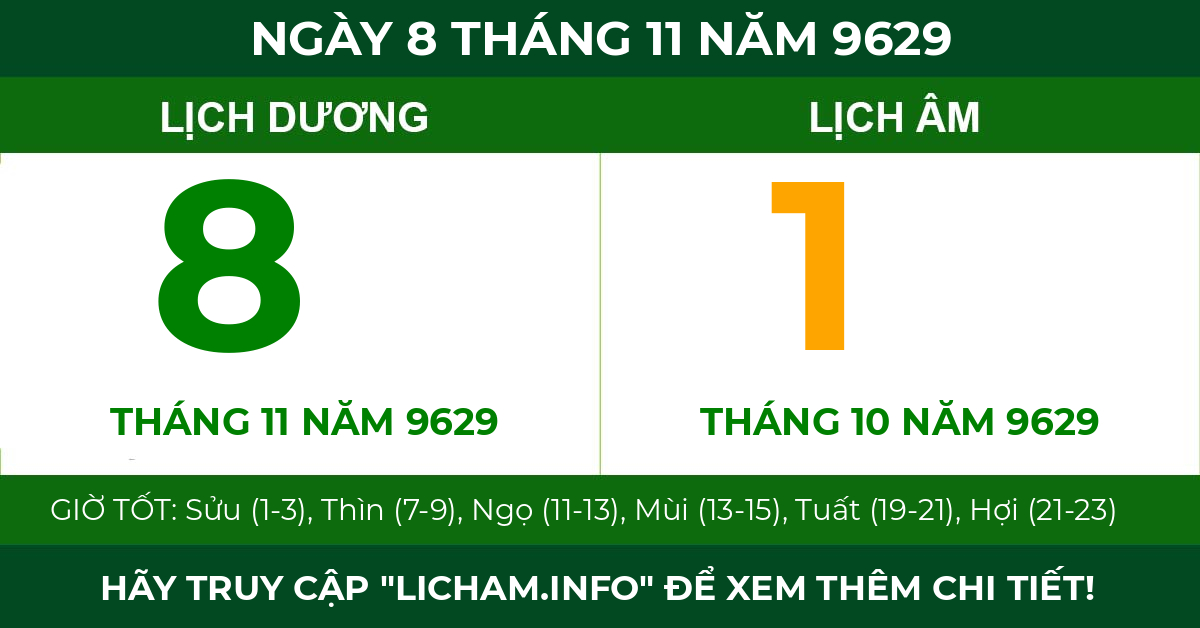 lịch âm ngày 8 tháng 11 năm 9629