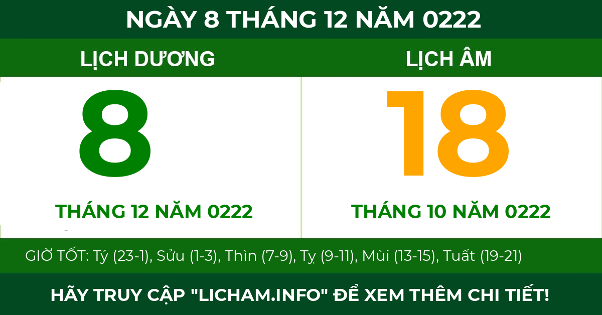 lịch âm ngày 8 tháng 12 năm 0222