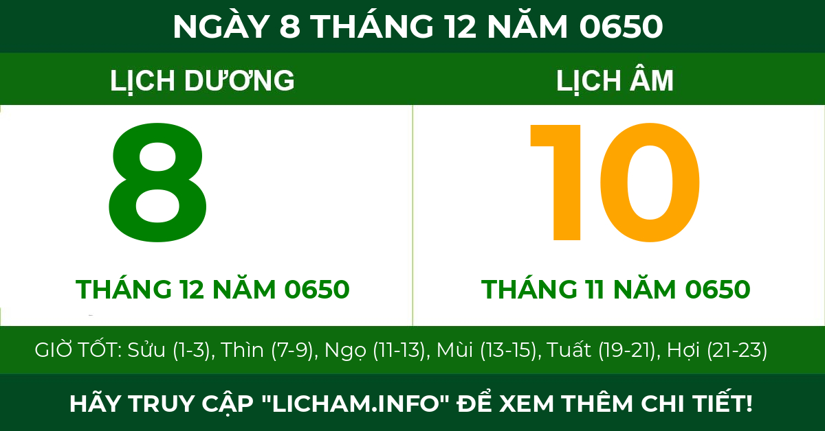 lịch âm ngày 8 tháng 12 năm 0650