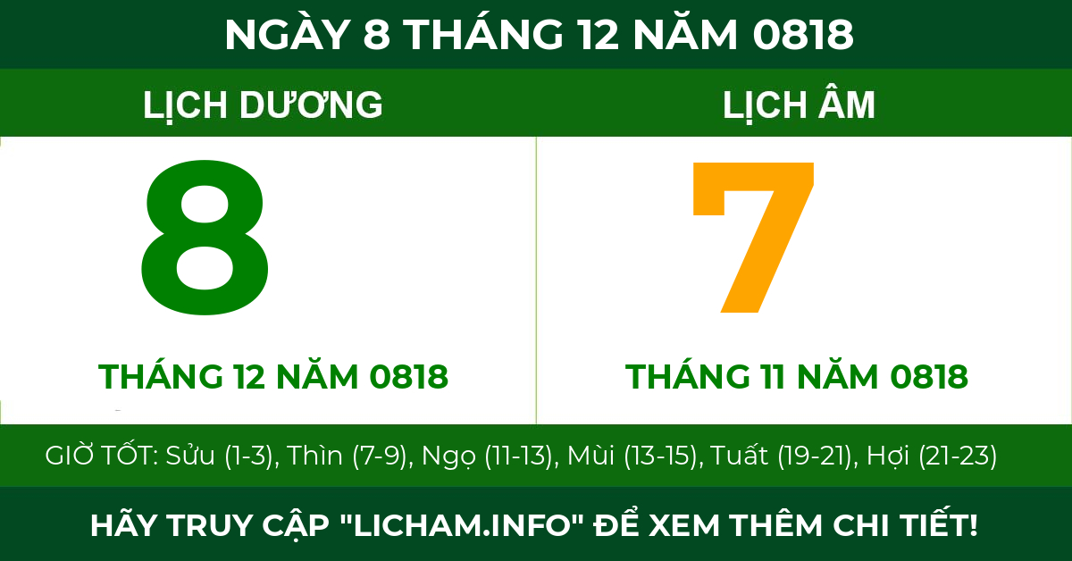 lịch âm ngày 8 tháng 12 năm 0818
