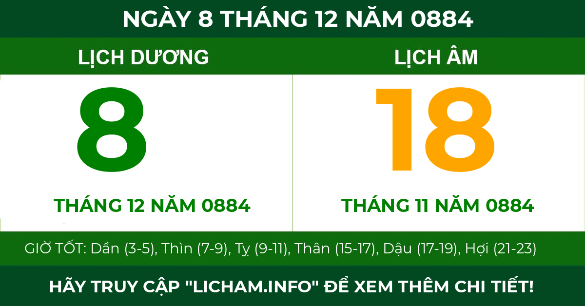 lịch âm ngày 8 tháng 12 năm 0884