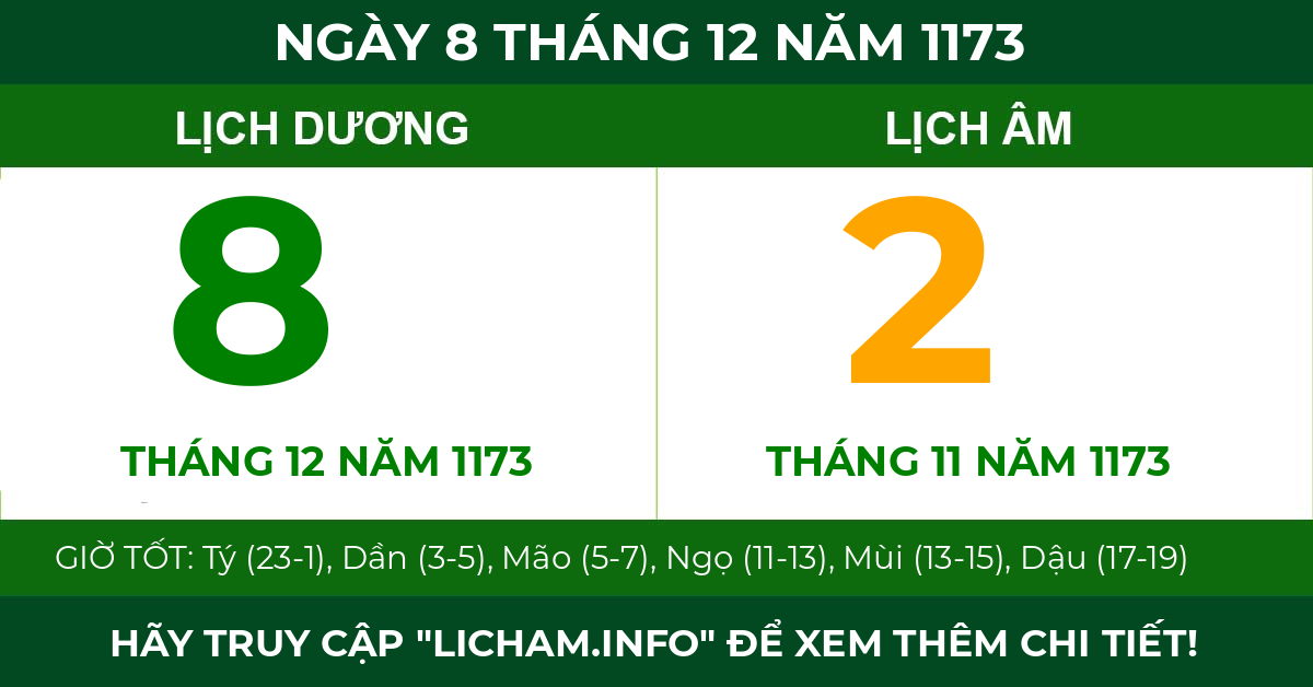 lịch âm ngày 8 tháng 12 năm 1173
