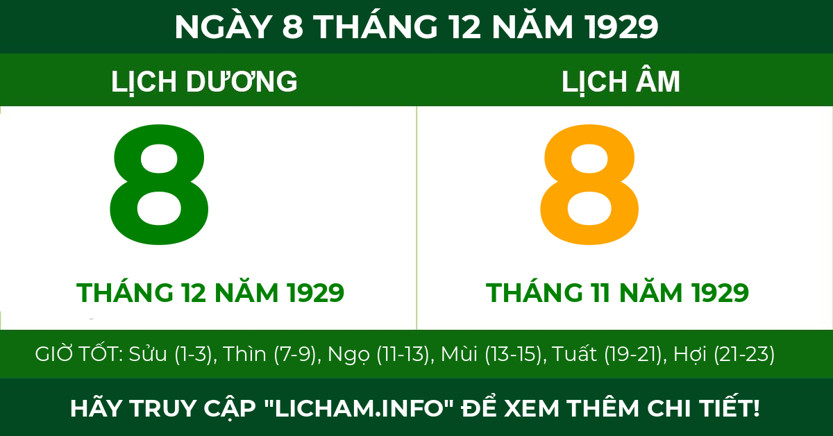 lịch âm ngày 8 tháng 12 năm 1929