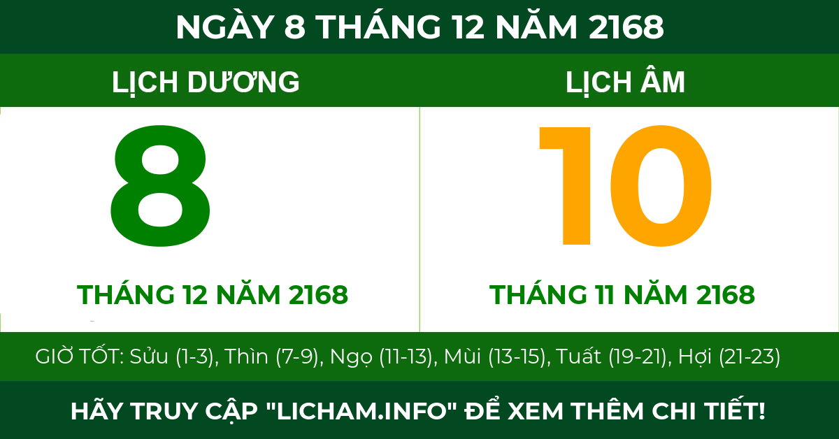 lịch âm ngày 8 tháng 12 năm 2168