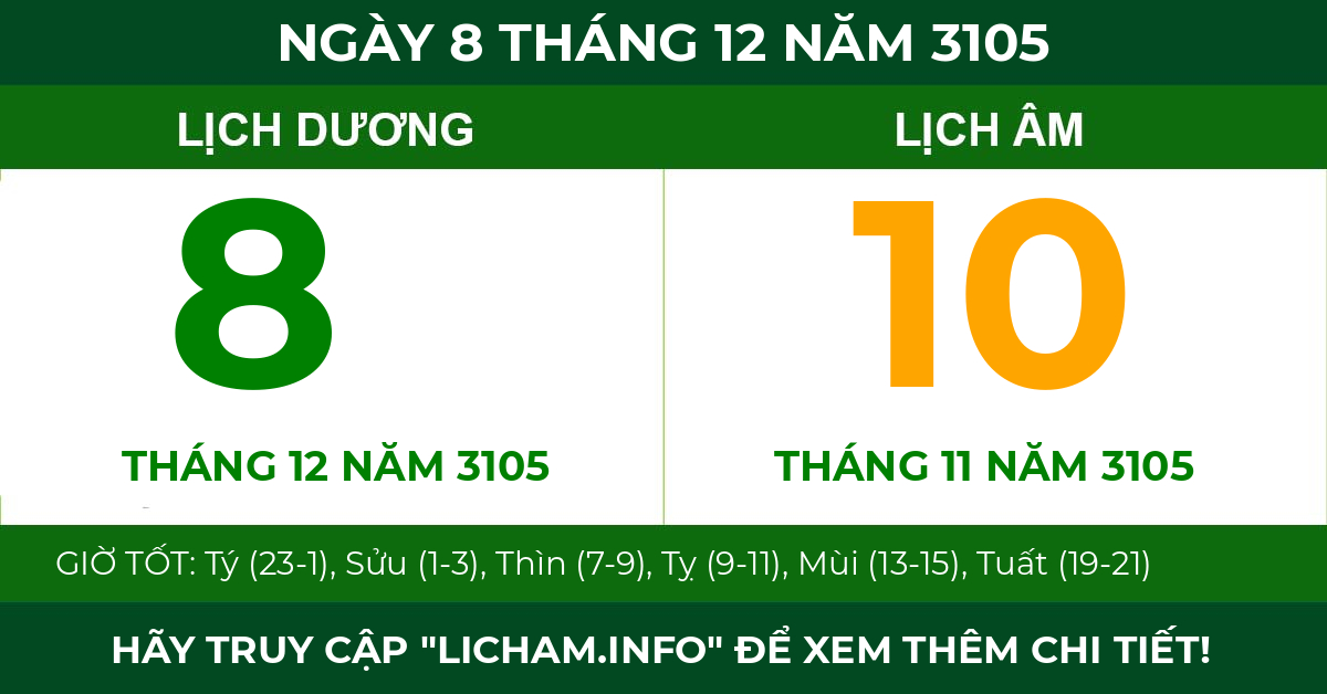 lịch âm ngày 8 tháng 12 năm 3105