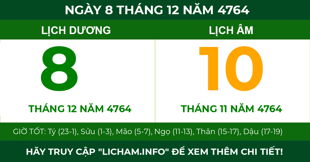 lịch âm ngày 8 tháng 12 năm 4764