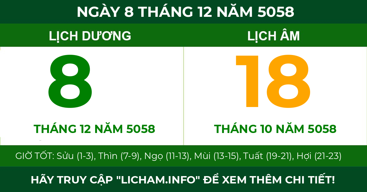 lịch âm ngày 8 tháng 12 năm 5058