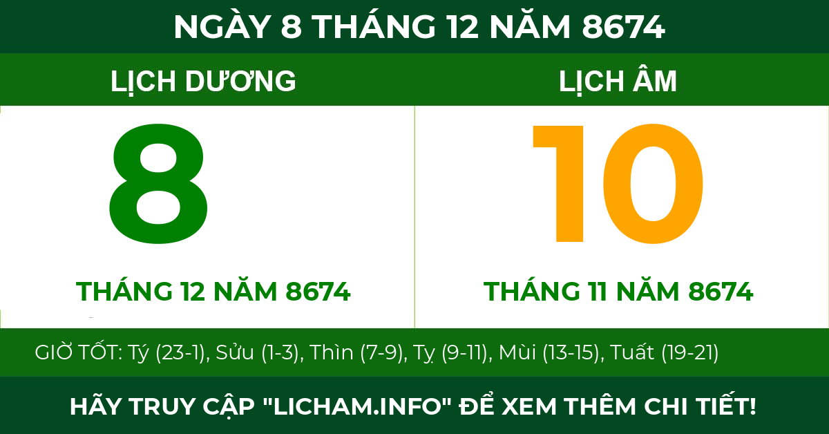 lịch âm ngày 8 tháng 12 năm 8674