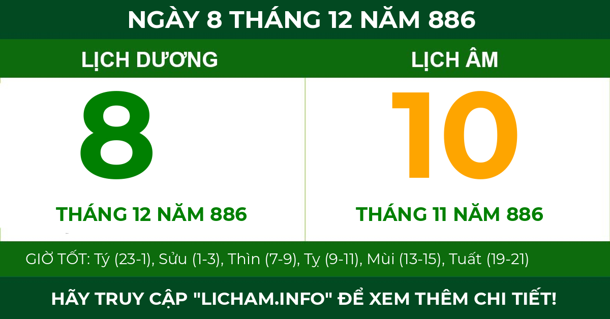 lịch âm ngày 8 tháng 12 năm 886