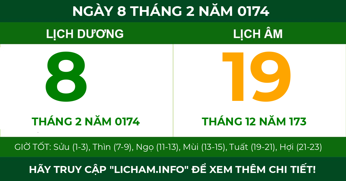 lịch âm ngày 8 tháng 2 năm 0174