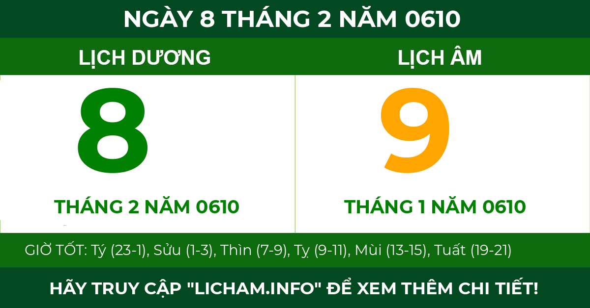 lịch âm ngày 8 tháng 2 năm 0610
