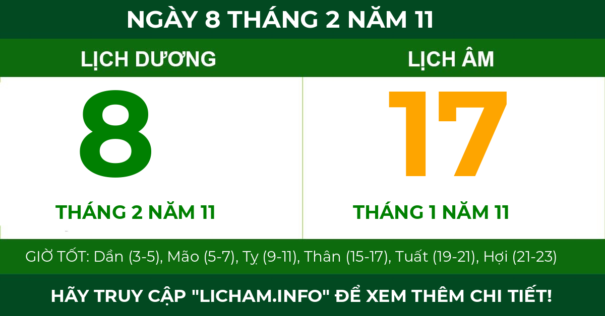 lịch âm ngày 8 tháng 2 năm 11