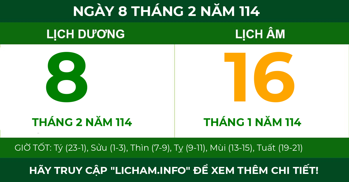 lịch âm ngày 8 tháng 2 năm 114