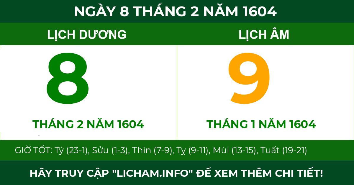 lịch âm ngày 8 tháng 2 năm 1604