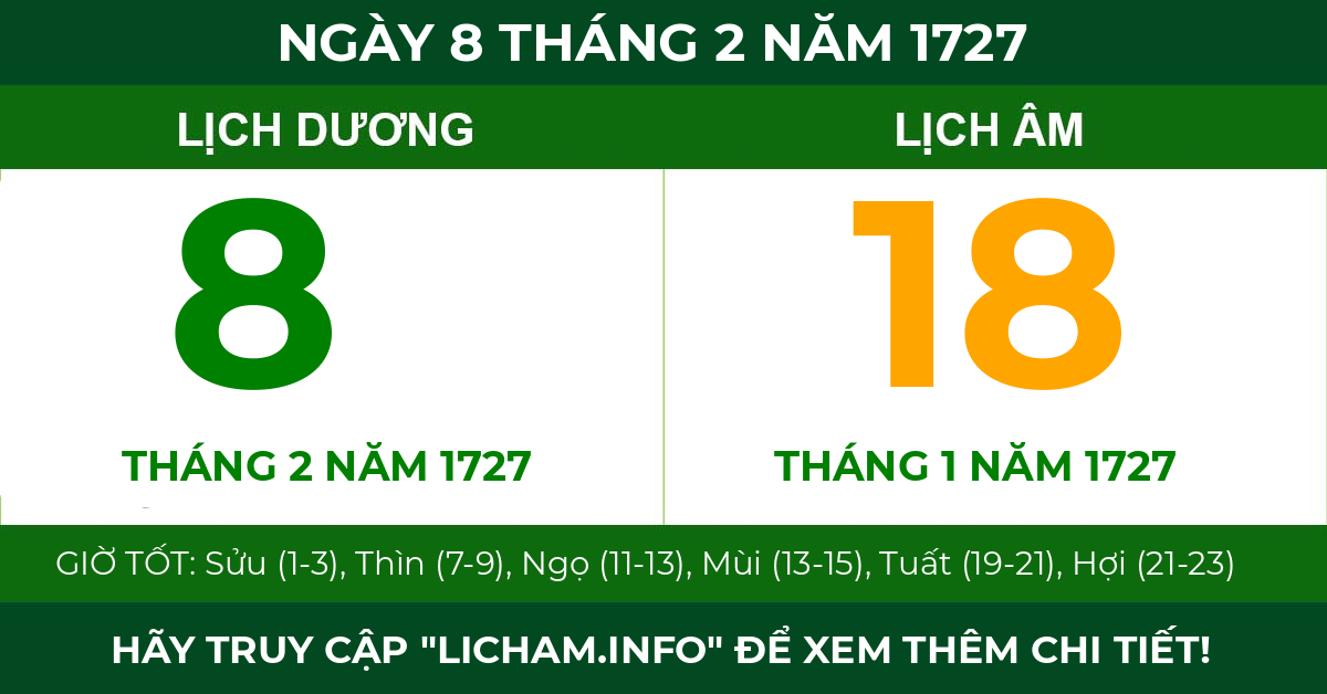 lịch âm ngày 8 tháng 2 năm 1727