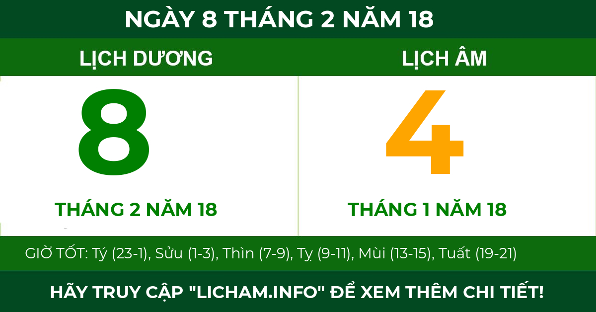 lịch âm ngày 8 tháng 2 năm 18