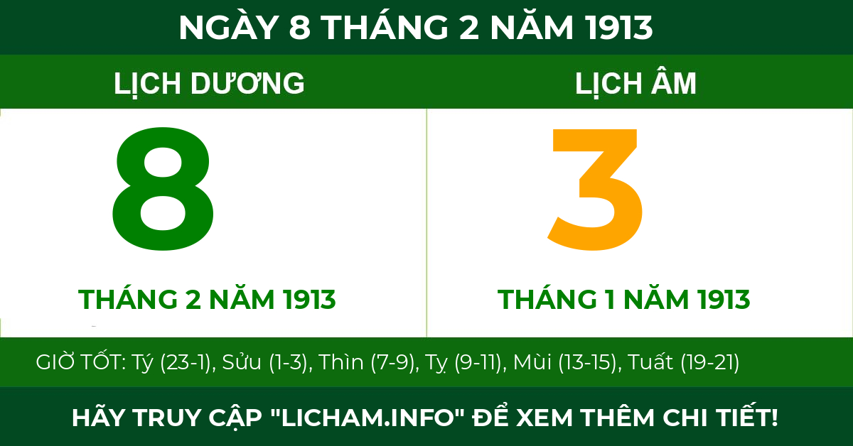 lịch âm ngày 8 tháng 2 năm 1913