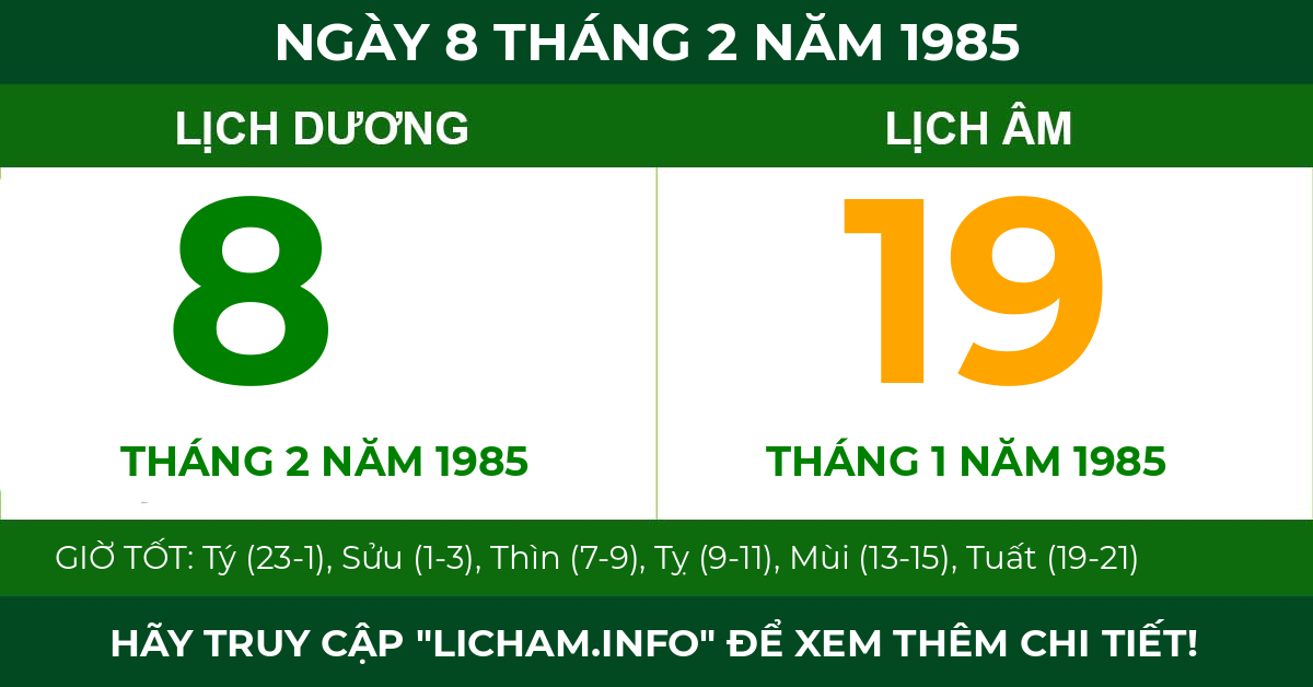 lịch âm ngày 8 tháng 2 năm 1985