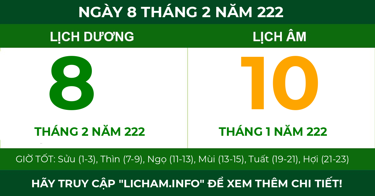 lịch âm ngày 8 tháng 2 năm 222