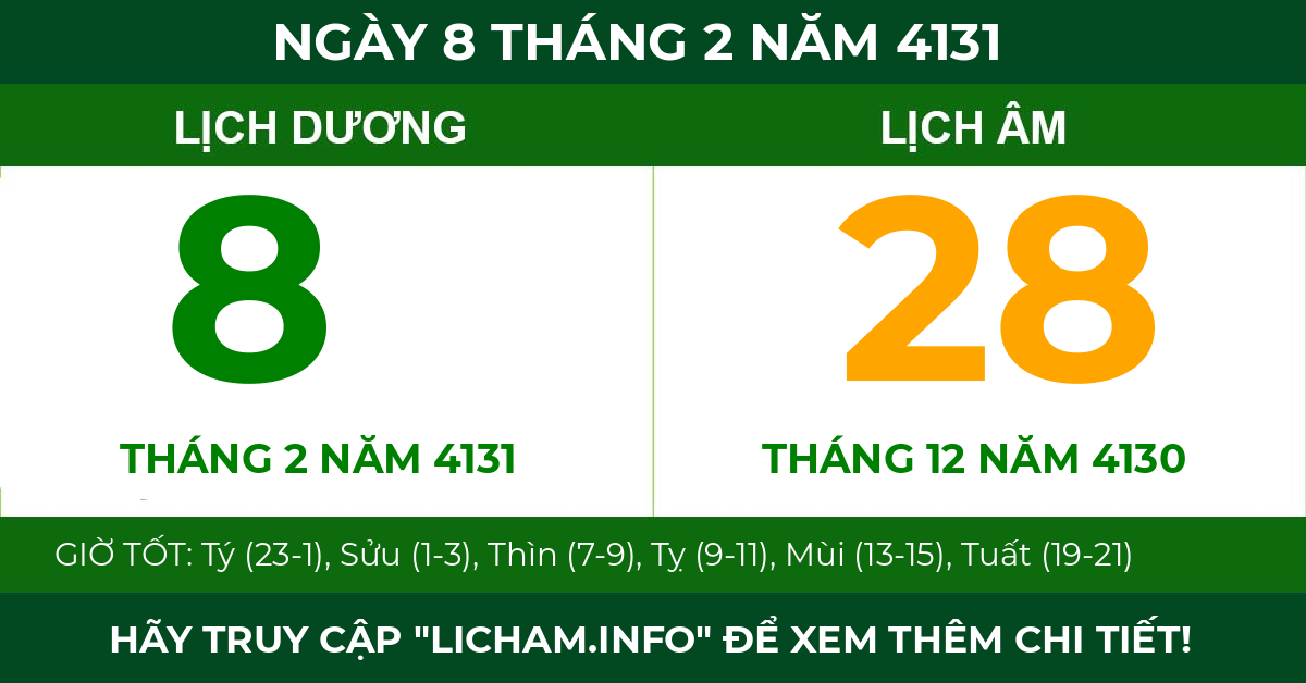 lịch âm ngày 8 tháng 2 năm 4131