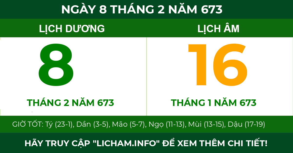 lịch âm ngày 8 tháng 2 năm 673