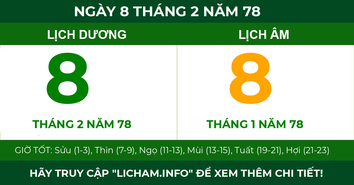 lịch âm ngày 8 tháng 2 năm 78