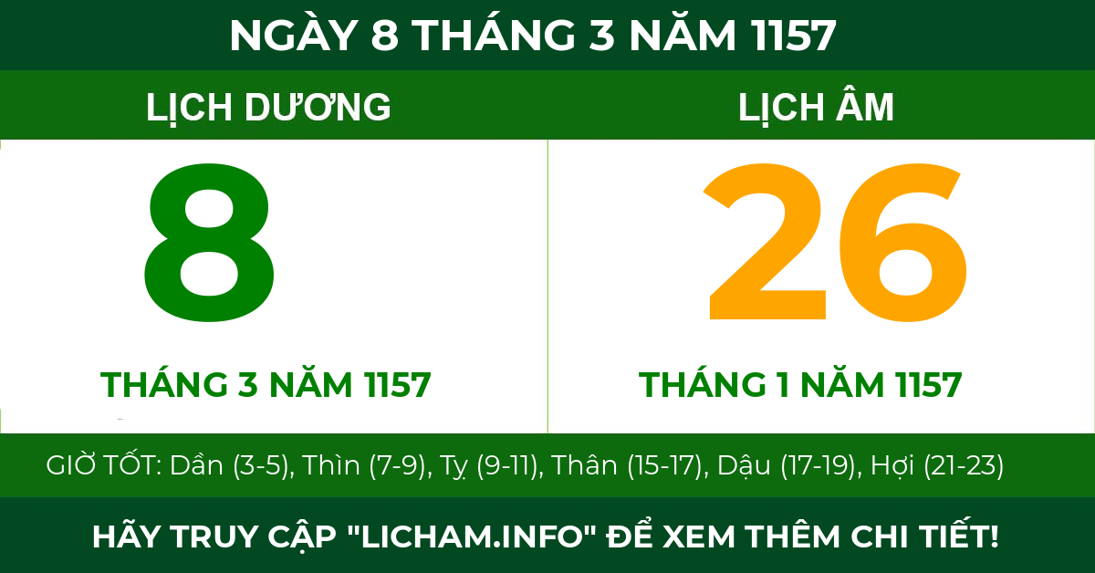 lịch âm ngày 8 tháng 3 năm 1157