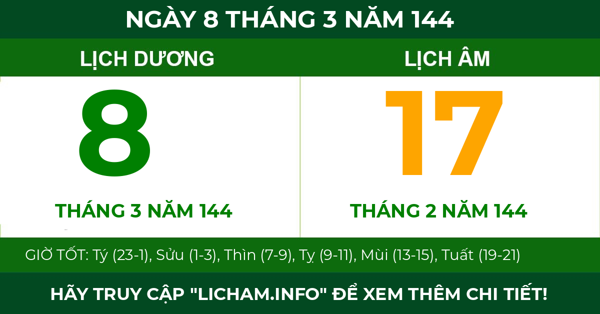 lịch âm ngày 8 tháng 3 năm 144