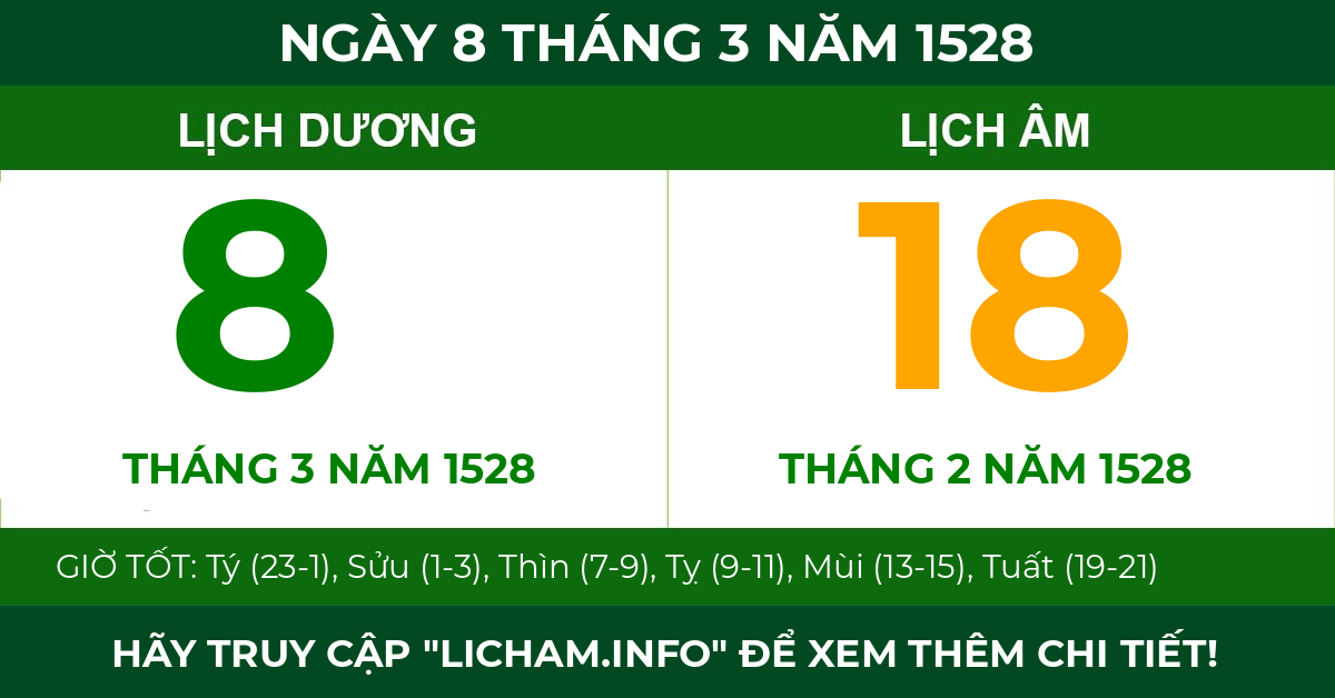 lịch âm ngày 8 tháng 3 năm 1528