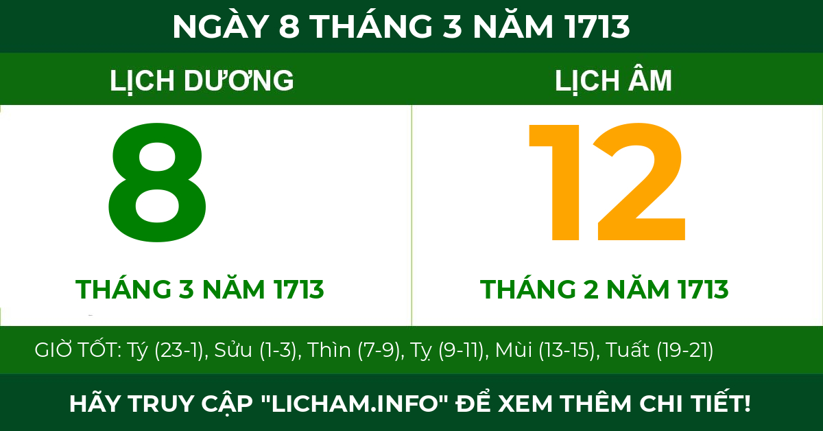 lịch âm ngày 8 tháng 3 năm 1713