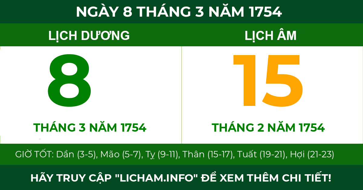 lịch âm ngày 8 tháng 3 năm 1754