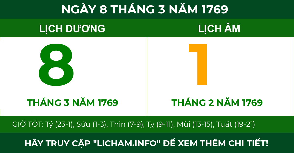 lịch âm ngày 8 tháng 3 năm 1769