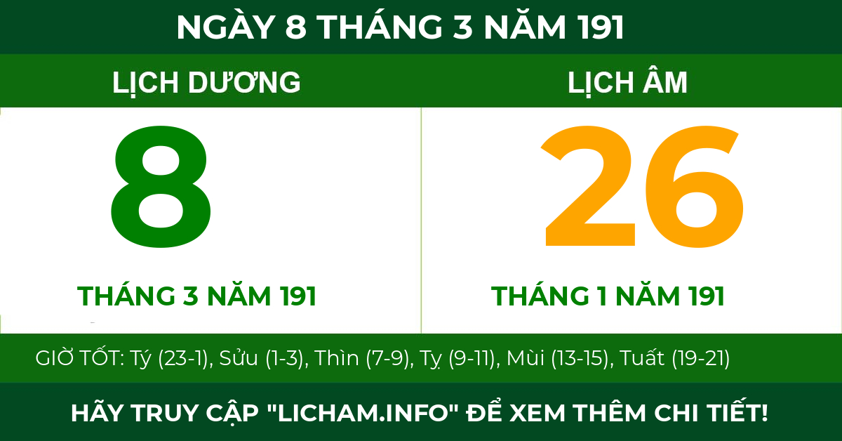 lịch âm ngày 8 tháng 3 năm 191
