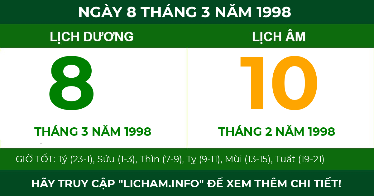 lịch âm ngày 8 tháng 3 năm 1998