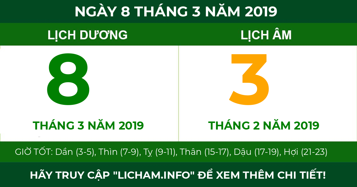 lịch âm ngày 8 tháng 3 năm 2019