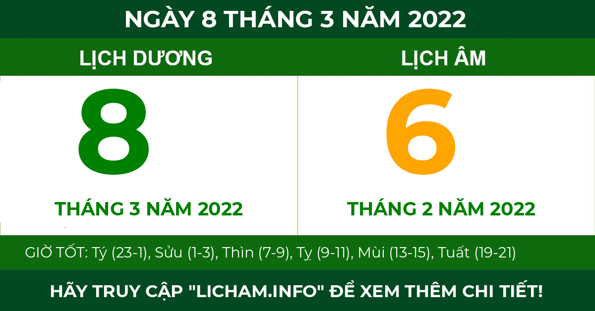 lịch âm ngày 8 tháng 3 năm 2022