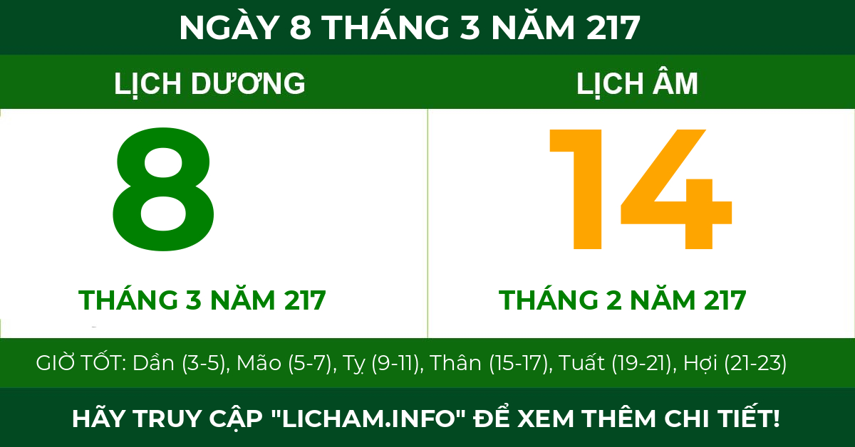 lịch âm ngày 8 tháng 3 năm 217