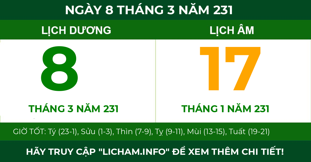 lịch âm ngày 8 tháng 3 năm 231
